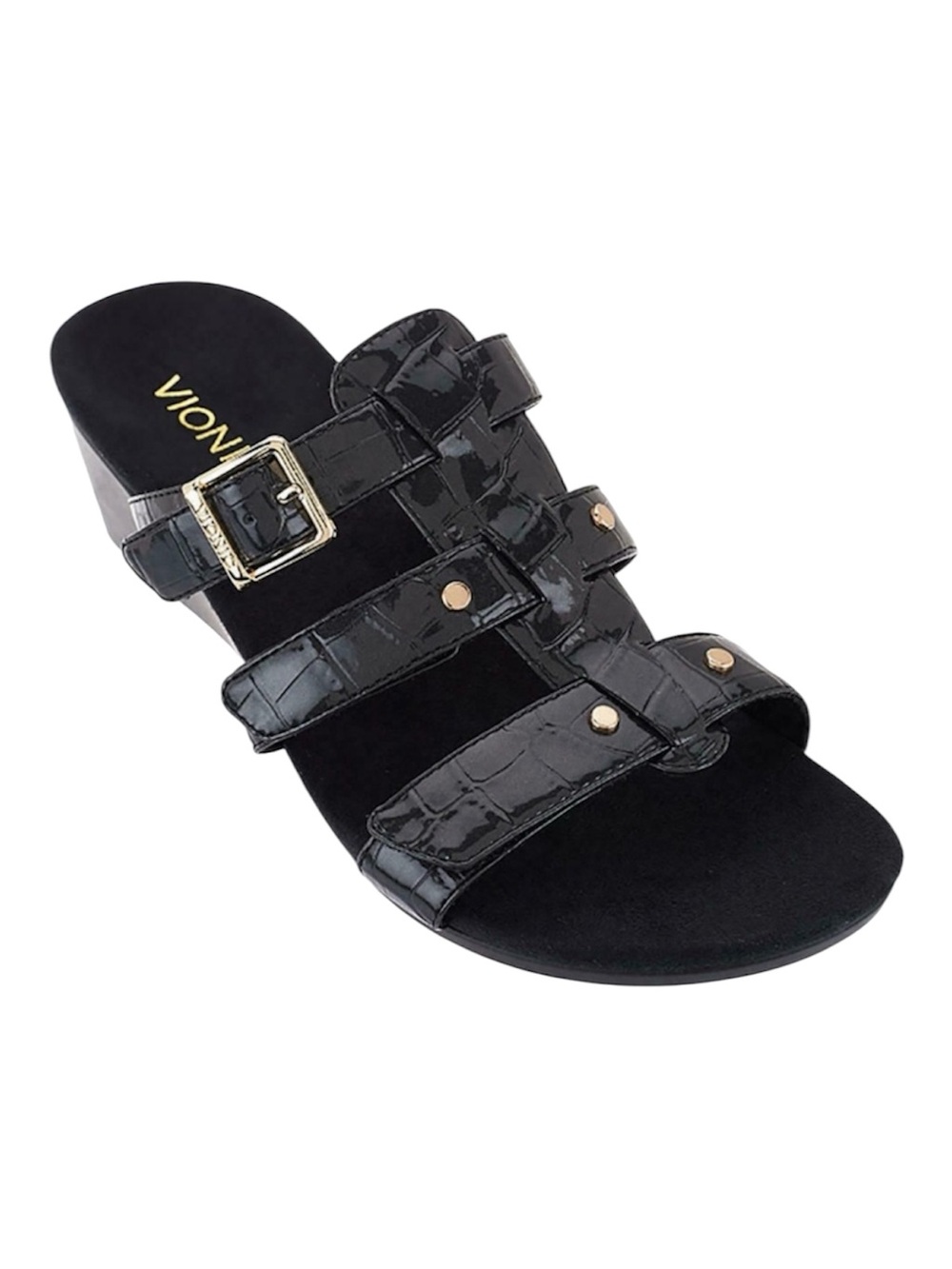 VIONIC Radia Orthotic Black Croc Print Patent Leather Wedge Sandals Size 10